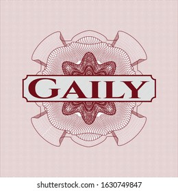 Red passport money rosette with text Gaily inside