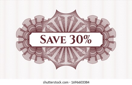 Red passport money rosette with text Save 30% inside