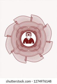 Red passport money rosette with thief icon inside