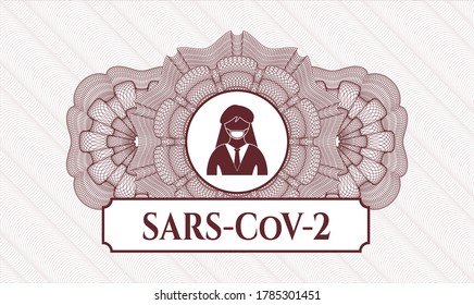 Red passport money rosette. Vector Illustration. Detailed with woman wearing face mask icon and SARS-CoV-2 text inside