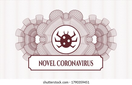 Red passport money rosette. Vector Illustration. Detailed with bug icon and Novel Coronavirus text inside