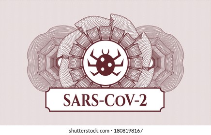 Red passport money rosette. Vector Illustration. Detailed with bug icon and SARS-CoV-2 text inside