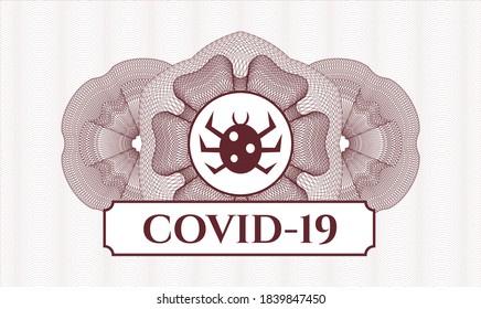 Red passport money rosette. Vector Illustration. Detailed with bug icon and COVID-19 text inside