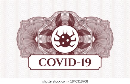 Red passport money rosette. Vector Illustration. Detailed with bug icon and COVID-19 text inside