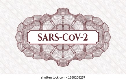 Red passport money rosette. Vector Illustration. Detailed with text SARS-CoV-2 inside