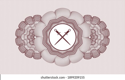 Red passport money rosette. Vector Illustration. Detailed with crossed swords icon inside