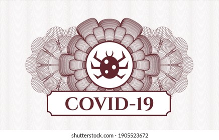Red passport money rosette. Vector Illustration. Detailed with bug icon and COVID-19 text inside