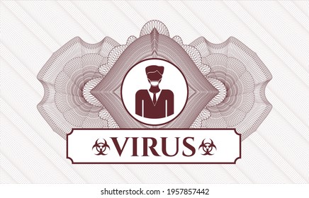 Red passport money rosette. Vector Illustration. Detailed with man wearing face mask icon and Virus text inside