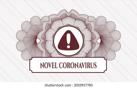 Red passport money rosette. Vector Illustration. Detailed with warning icon and Novel Coronavirus text inside