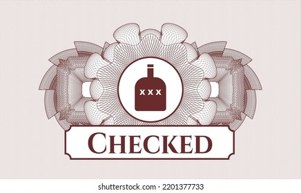 Red passport money rosette. Vector Illustration. Detailed with bottle of alcohol icon and Checked text inside