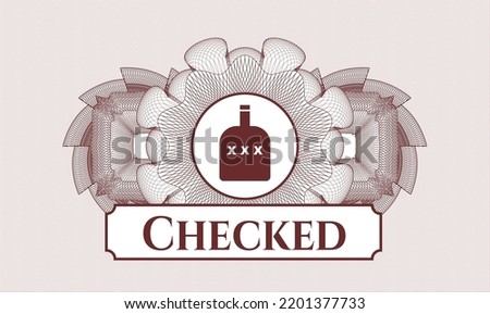 Red passport money rosette. Vector Illustration. Detailed with bottle of alcohol icon and Checked text inside