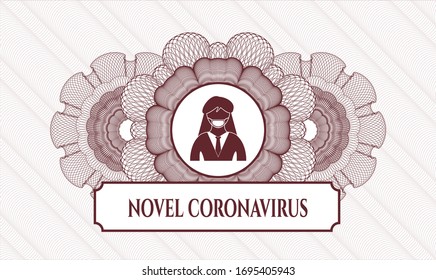 Red passport money rosette with woman wearing face mask icon and Novel Coronavirus text inside