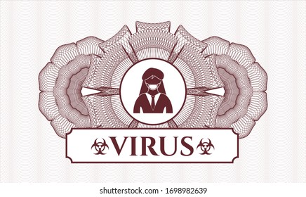 Red passport money rosette with woman wearing face mask icon and Virus text inside