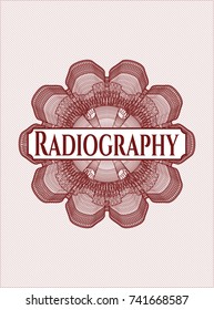 Red passport money rossete with text Radiography inside