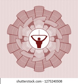 Red passport money style rosette with lat pull down, exercise icon inside
