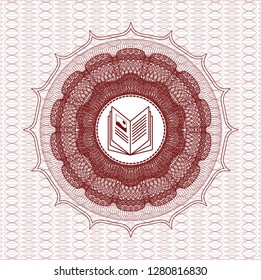 Red passport money style rosette with book icon inside