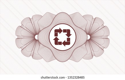 Red passport money style rosette with recycle icon inside