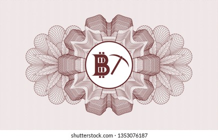 Red passport money style rosette with bitcoin mining icon inside