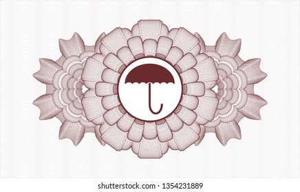 Red passport money style rosette with umbrella icon inside