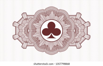 Red passport money style rosette with poker clover icon inside