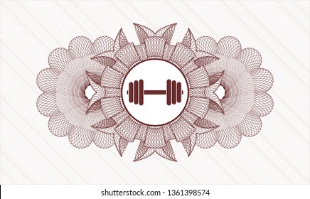 Red passport money style rosette with dumbbell icon inside