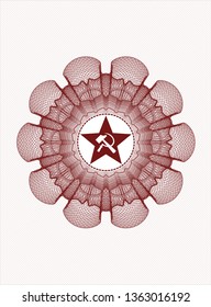 Red passport money style rosette with communism icon inside
