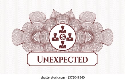 Red passport money style rosette with business teamwork and money icon and Unexpected text inside