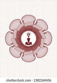 Red passport money style rosette with business idea icon inside