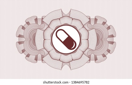 Red passport money style rosette with pill icon inside