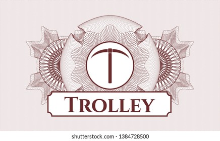 Red passport money style rosette with pickaxe icon and Trolley text inside