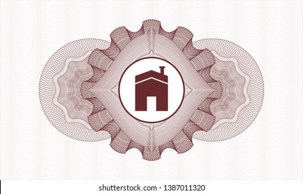 Red passport money style rosette with house icon inside