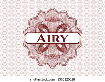 Red passport money style rosette with text Airy inside