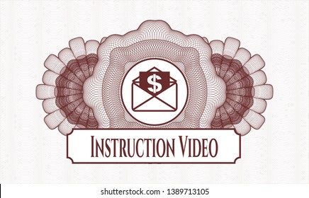 Red passport money style rosette with envelope with paper with money symbol inside icon and Instruction Video text inside