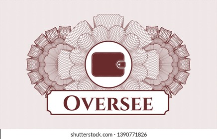 Red passport money style rosette with wallet icon and Oversee text inside