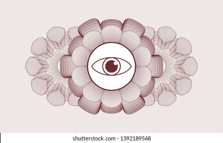 Red passport money style rosette with eye icon inside