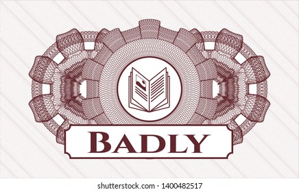 Red passport money style rosette with book icon and Badly text inside