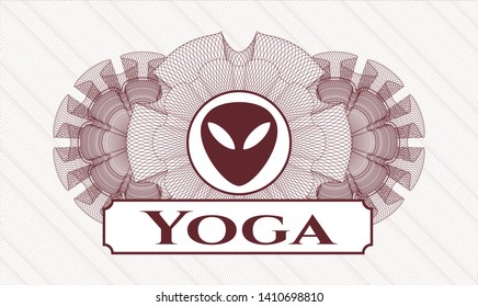 Red passport money style rosette with alien icon and Yoga text inside