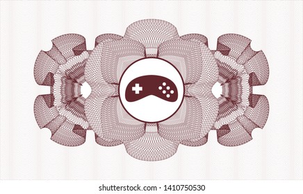 Red passport money style rosette with video game icon inside