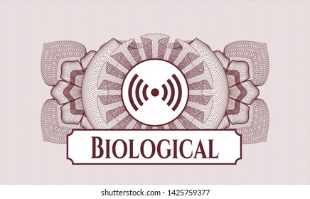 Red passport money style rosette with signal icon and Biological text inside