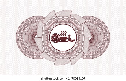 Red passport money style rosette with breakfast  icon inside
