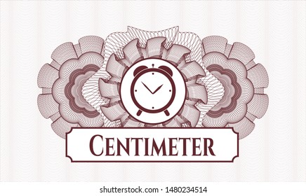 Red passport money style rosette with alarm clock icon and Centimeter text inside