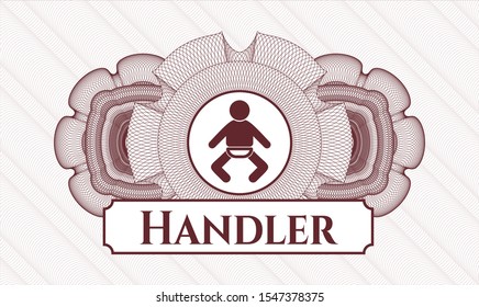 Red passport money style rosette with baby icon and Handler text inside