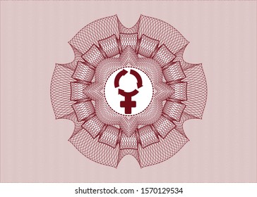 Red passport money style rosette with women cycle icon inside
