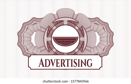 Red passport money style rosette with watermelon icon and Advertising text inside