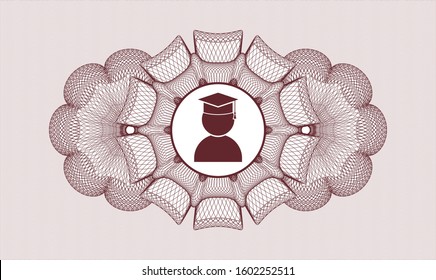 Red passport money style rosette with graduation icon inside