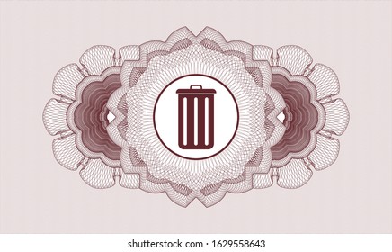 Red passport money style rosette with trash can icon inside