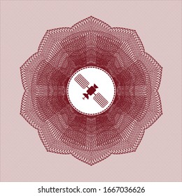 Red passport money style rosette with satelite icon inside