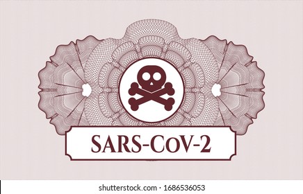 Rosette estilo dinero del pasaporte rojo con icono cruzado y texto SARS-CoV-2 dentro