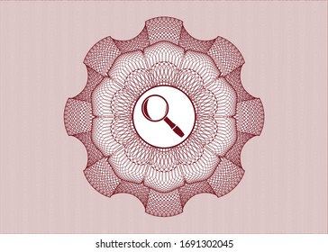 Red passport money style rosette with magnifying glass icon inside