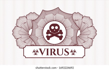 Red passport money style rosette with crossbones icon and Virus text inside